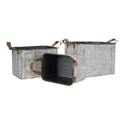 Set Of 3 Rustic Whitewashed Pattern Galvanized Metal Decorative Storage Bins With Faux Leather Handles - Foreside Home And Garden - Image 2