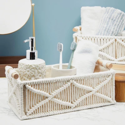 Okuna Outpost 2 Pack Macrame Storage Basket For Nursery, Bohemian Style Home Decor And Nursery, 2 Sizes, White - Image 3