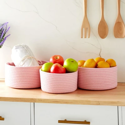 Farmlyn Creek 3-Pack Cotton Woven Baskets For Storage, Pink Rope Montessori Organizer Set For Storing Supplies ( 3 Sizes In Small, Medium And Large) - Image 2