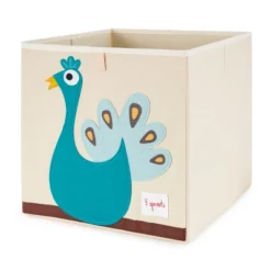 3 Sprouts Kids Childrens 13 Inch Square Felt Foldable Storage Cube Bin With Green Dragon And Blue Peacock Fabric Storage Cube Bin