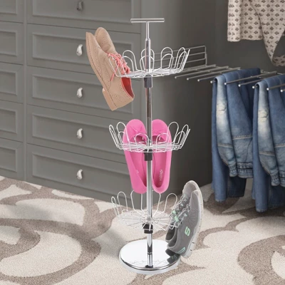 Hastings Home Revolving Shoe Tree Organizer Rack With Three Tiers - 10.75" X 10.75" X 30.5", Chrome - Image 2