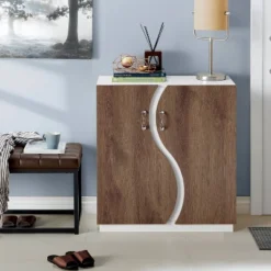 Brazen Contemporary 8 Shelf Shoe Cabinet White/Distressed Walnut - MiBasics