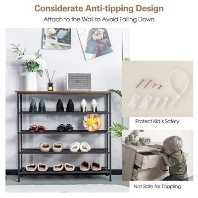Shoe Rack 5-Tier Shoe Storage Organizer W/4 Metal Mesh Shelves For 16-20 Pairs - Image 8
