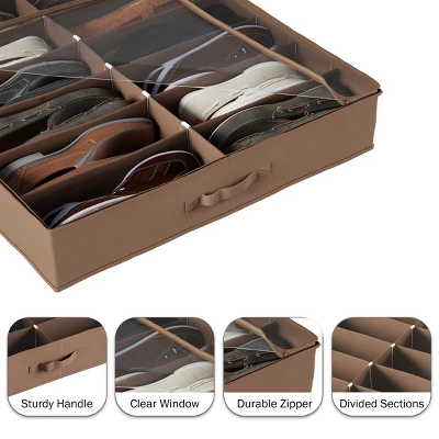 Hastings Home Under-Bed Shoe Storage Organizer With Clear Plastic Zippered Cover - Brown - Image 2