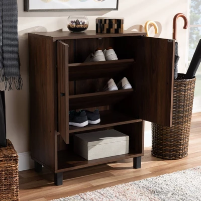Rossin Walnut Finished 2 Door Wood Entryway Shoe Storage Cabinet Brown - Baxton Studio - Image 2