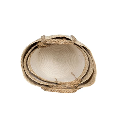 Set Of 3 Baskets White Seagrass & Cotton Rope By Foreside Home & Garden - Image 2
