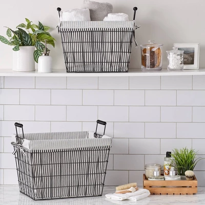 Design Imports Set Of 2 Farmhouse Black Wire Ticking Stripe Liner Baskets Black/White - Image 3