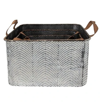 Set Of 3 Rustic Whitewashed Pattern Galvanized Metal Decorative Storage Bins With Faux Leather Handles - Foreside Home And Garden - Image 4