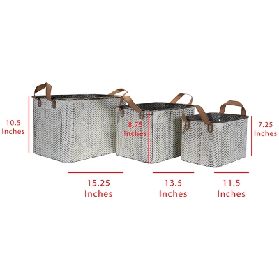 Set Of 3 Rustic Whitewashed Pattern Galvanized Metal Decorative Storage Bins With Faux Leather Handles - Foreside Home And Garden - Image 8