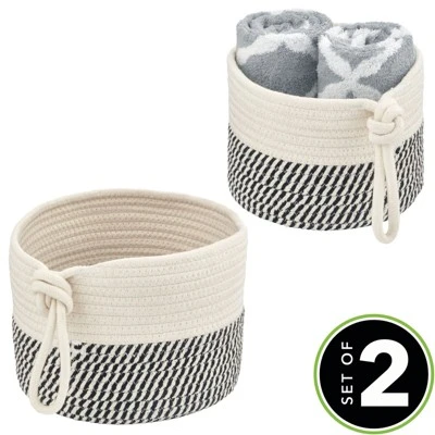 MDesign Woven Cotton Rope Bathroom Basket With Tie Handle, Set Of 2