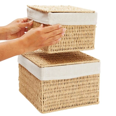 Juvale Juvale 2-Pack Storage Basket With Lids, Wicker Shelf Baskets For Bathroom Organization And Home Décor (2 Sizes) - Image 3