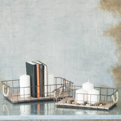 2pc Rectangle Rustic Wood And Metal Basket Set Brown - Stonebriar Collection - Image 2