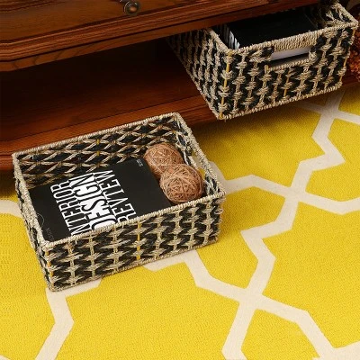 Villacera Rectangle Hand Weaved Wicker Baskets Made Of Water Hyacinth | Nesting Black And Natural Seagrass Bins | Set Of 2 - Image 3