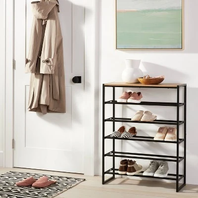 5 Tier Shoe Rack Black Metal With Natural Wood - Brightroomâ„¢