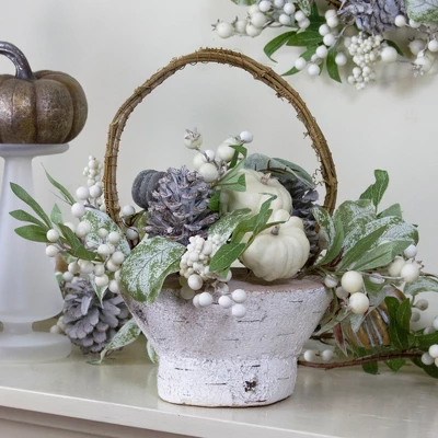 Northlight 13" Green And Gold Pumpkin And Leaves Artificial Thanksgiving Basket