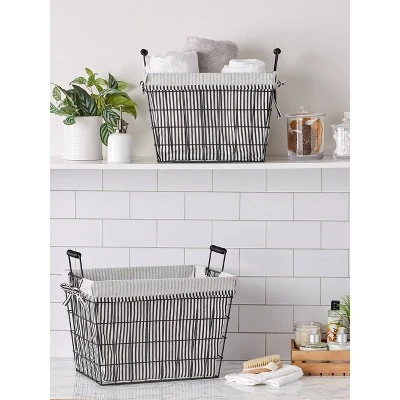 Design Imports Set Of 2 Farmhouse Black Wire Ticking Stripe Liner Baskets Black/White - Image 7