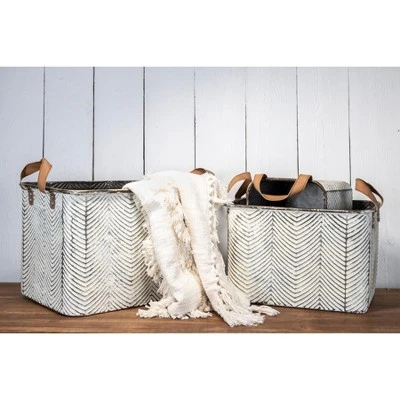 Set Of 3 Rustic Whitewashed Pattern Galvanized Metal Decorative Storage Bins With Faux Leather Handles - Foreside Home And Garden - Image 6
