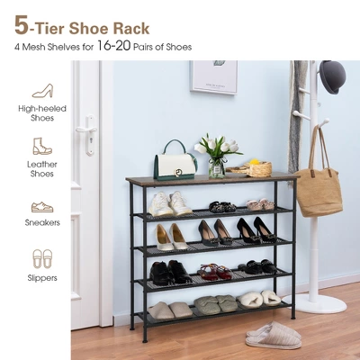 Shoe Rack 5-Tier Shoe Storage Organizer W/4 Metal Mesh Shelves For 16-20 Pairs - Image 4