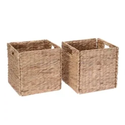 Set Of 2 Handmade Wicker Storage Cubes - 12-Inch Square Foldable Baskets With Handles - Made Of Hand-Twisted Water Hyacinth By Villacera (Natural)