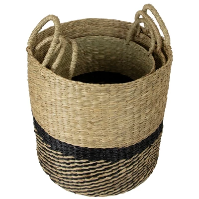 Northlight Set Of 3 Black And Beige Woven Table And Floor Cylindrical Seagrass Baskets - Image 2