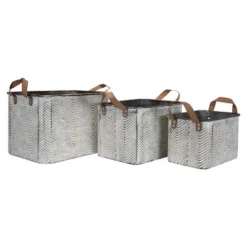 Set Of 3 Rustic Whitewashed Pattern Galvanized Metal Decorative Storage Bins With Faux Leather Handles - Foreside Home And Garden