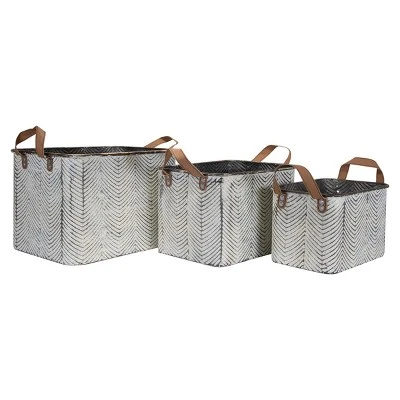 Set Of 3 Rustic Whitewashed Pattern Galvanized Metal Decorative Storage Bins With Faux Leather Handles - Foreside Home And Garden