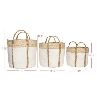 Set Of 3 Baskets White Seagrass & Cotton Rope By Foreside Home & Garden - Image 5