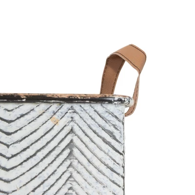 Set Of 3 Rustic Whitewashed Pattern Galvanized Metal Decorative Storage Bins With Faux Leather Handles - Foreside Home And Garden - Image 3