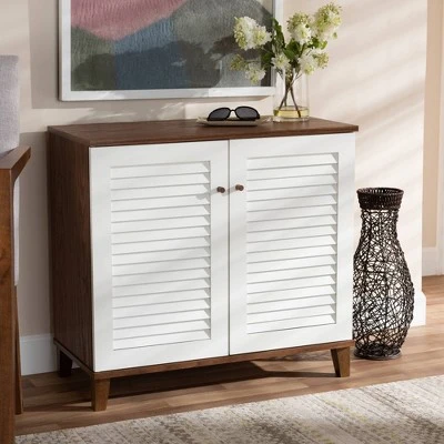 Coolidge 4 Shelf Wood Shoe Cabinet White/Walnut - Baxton Studio - Image 6