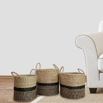 Northlight Set Of 3 Black And Beige Woven Table And Floor Cylindrical Seagrass Baskets