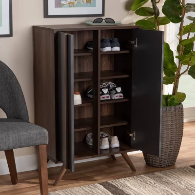 2 Door Naoki Two-Tone Wood Shoe Cabinet Gray/Walnut - Baxton Studio - Image 7