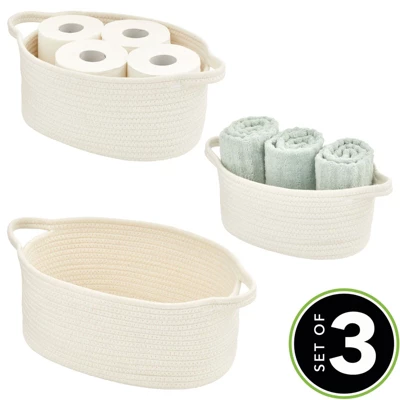 MDesign Casual Woven Cotton Rope Bathroom Basket With Handles, Set Of 3