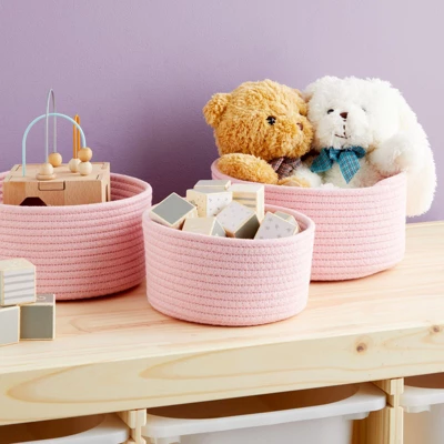 Farmlyn Creek 3-Pack Cotton Woven Baskets For Storage, Pink Rope Montessori Organizer Set For Storing Supplies ( 3 Sizes In Small, Medium And Large) - Image 3