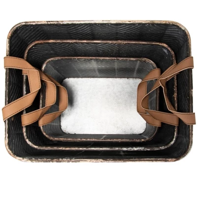 Set Of 3 Rustic Whitewashed Pattern Galvanized Metal Decorative Storage Bins With Faux Leather Handles - Foreside Home And Garden - Image 5